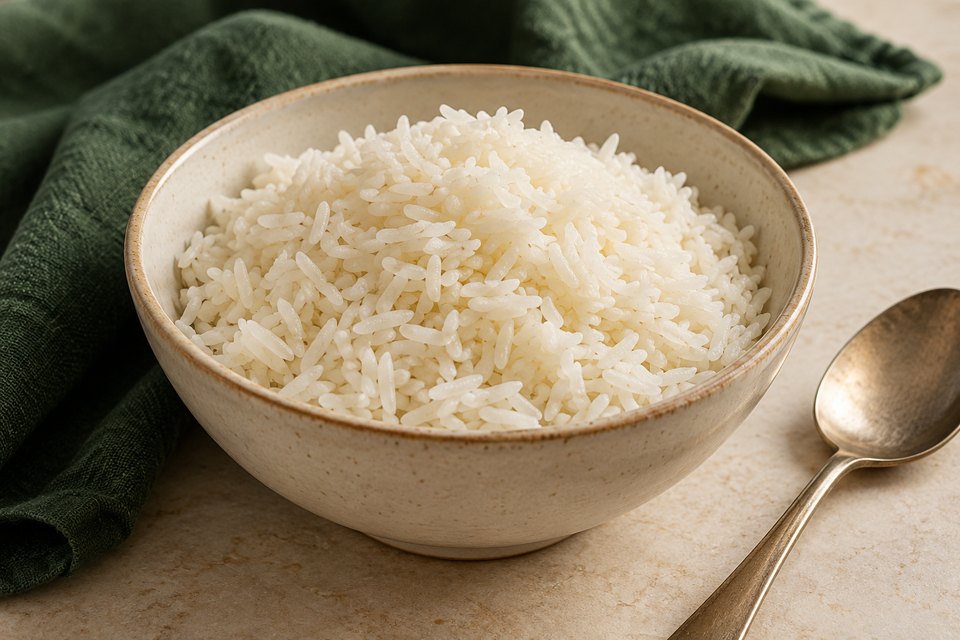 A ceramic bowl of plain fluffy white rice with separate grains; AI illustration.