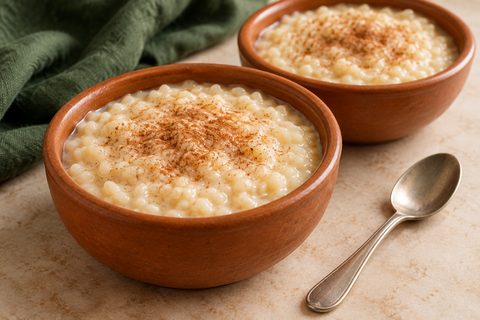 Creamy ivory rice pudding in small bowls with a light cinnamon dusting; AI illustration.