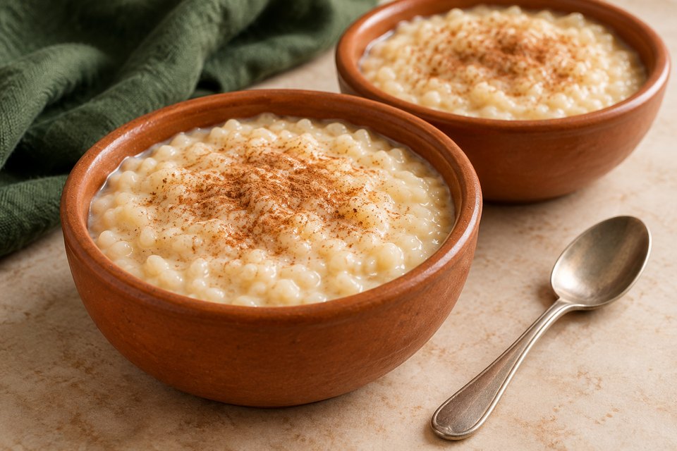 Creamy ivory rice pudding in small bowls with a light cinnamon dusting; AI illustration.