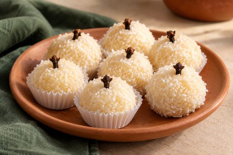 White coconut beijinhos topped with whole cloves on a terracotta plate; AI illustration.