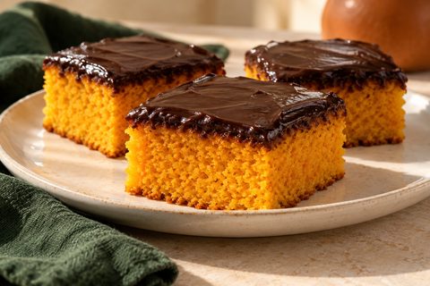 Orange Brazilian carrot cake squares with a dark chocolate glaze; AI illustration.