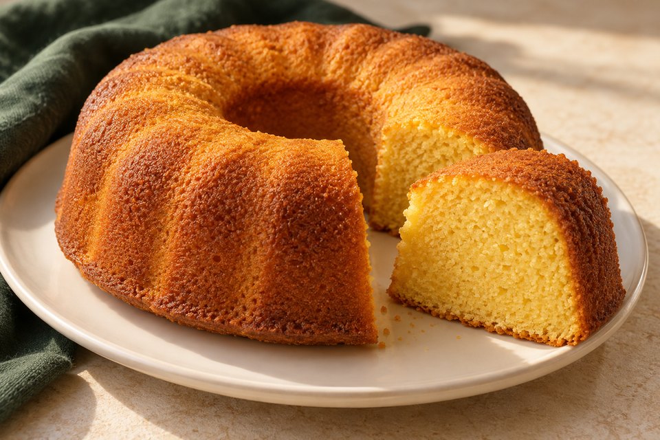 Plain golden Brazilian cornmeal ring cake with one cut wedge showing yellow crumb; AI illustration.