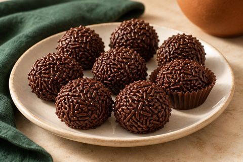 Dark chocolate brigadeiros coated in chocolate sprinkles on a ceramic plate; AI illustration.