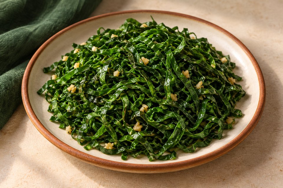 Thin green collard ribbons sautéed with small minced-garlic pieces; AI illustration.