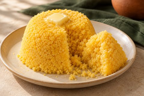 Yellow steamed Brazilian corn cuscuz with a loosened wedge and a small pat of butter; AI illustration.