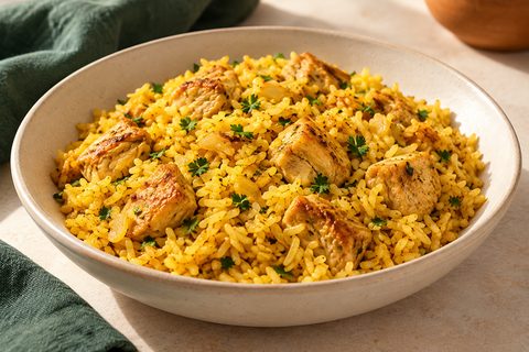Golden Brazilian chicken and rice with browned boneless chicken pieces and a little parsley; AI illustration.