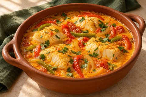 White fish pieces with peppers, tomato, onion and cilantro in orange coconut broth; AI illustration.