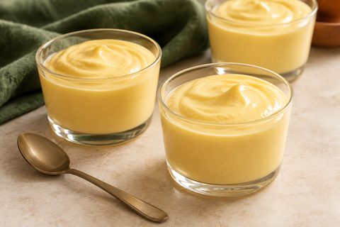 Pale yellow passion fruit mousse in three small glass cups; AI illustration.