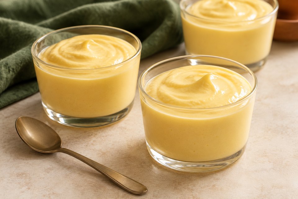 Pale yellow passion fruit mousse in three small glass cups; AI illustration.