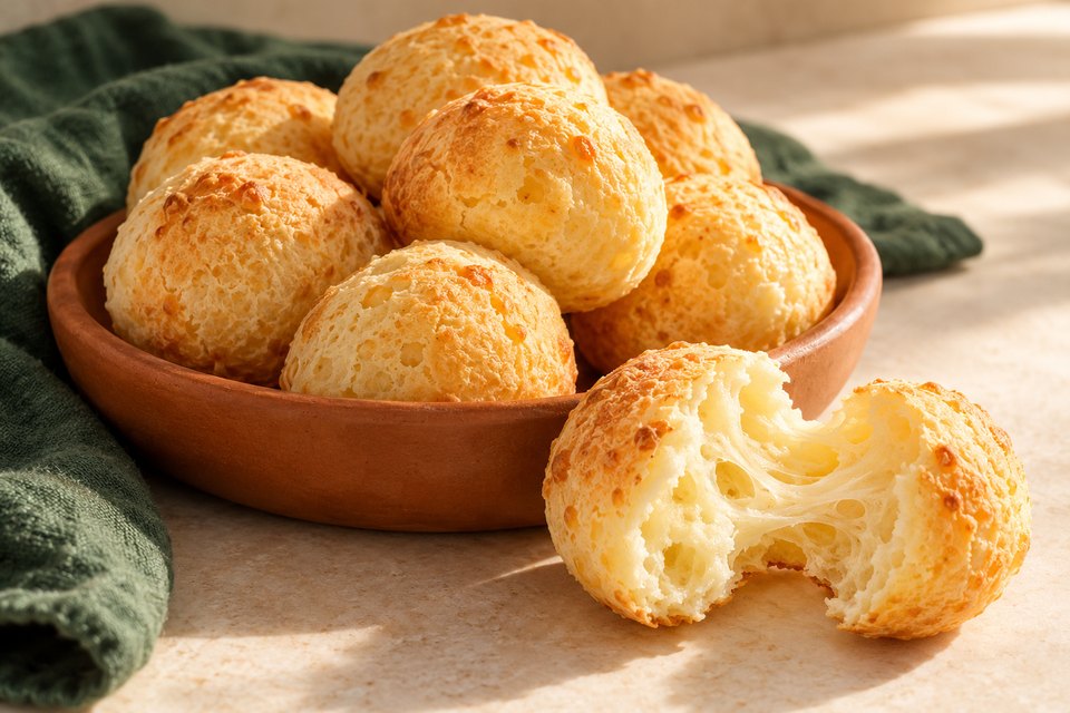 Golden Brazilian cheese rolls in a terracotta bowl, one torn open to show its airy interior; AI illustration.