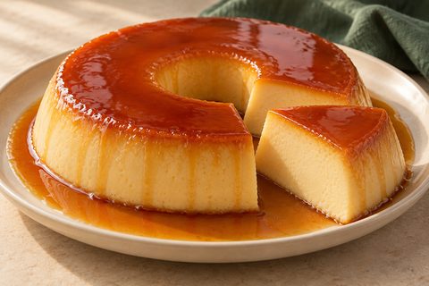 Brazilian ring-shaped milk custard with amber caramel sauce and one cut slice; AI illustration.