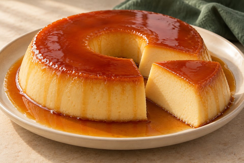 Brazilian ring-shaped milk custard with amber caramel sauce and one cut slice; AI illustration.