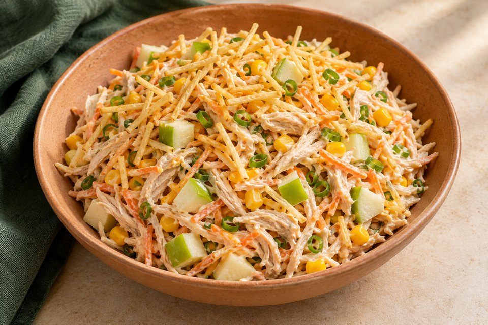 Creamy shredded chicken salad with carrot, corn, green apple, scallions and golden potato sticks; AI illustration.