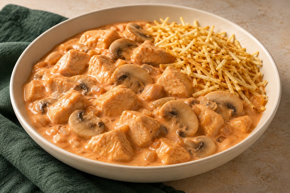 Chicken breast pieces and sliced mushrooms in a pale orange cream sauce, with thin golden potato sticks; AI illustration.