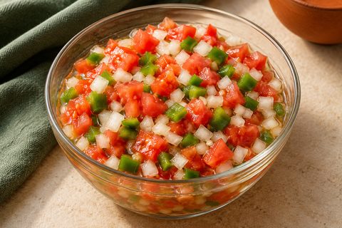 Diced tomato, white onion and green bell pepper in a glass bowl; AI illustration.
